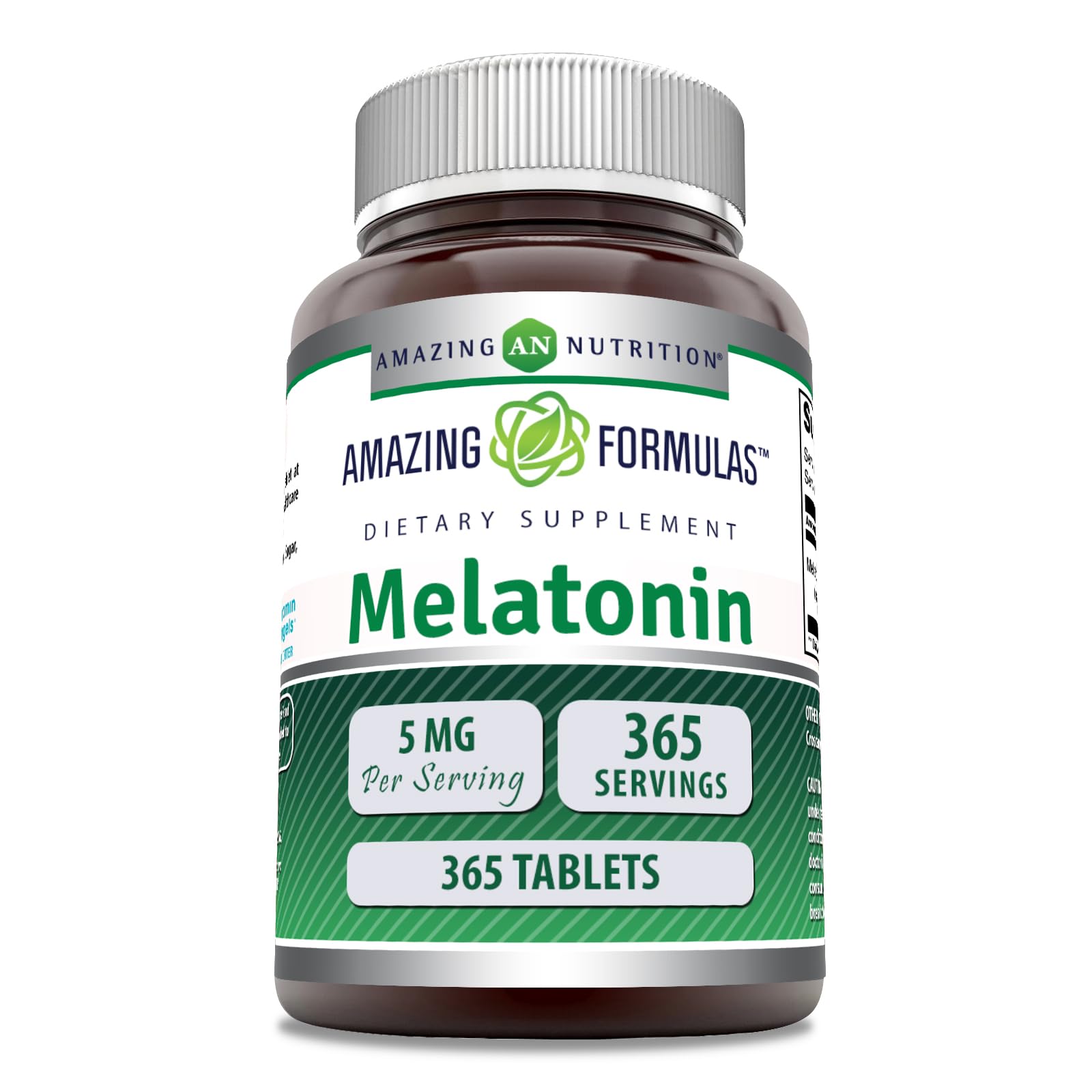 Amazing Nutrition Melatonina 5 mg, frente de botella, favorece un descanso cómodo.