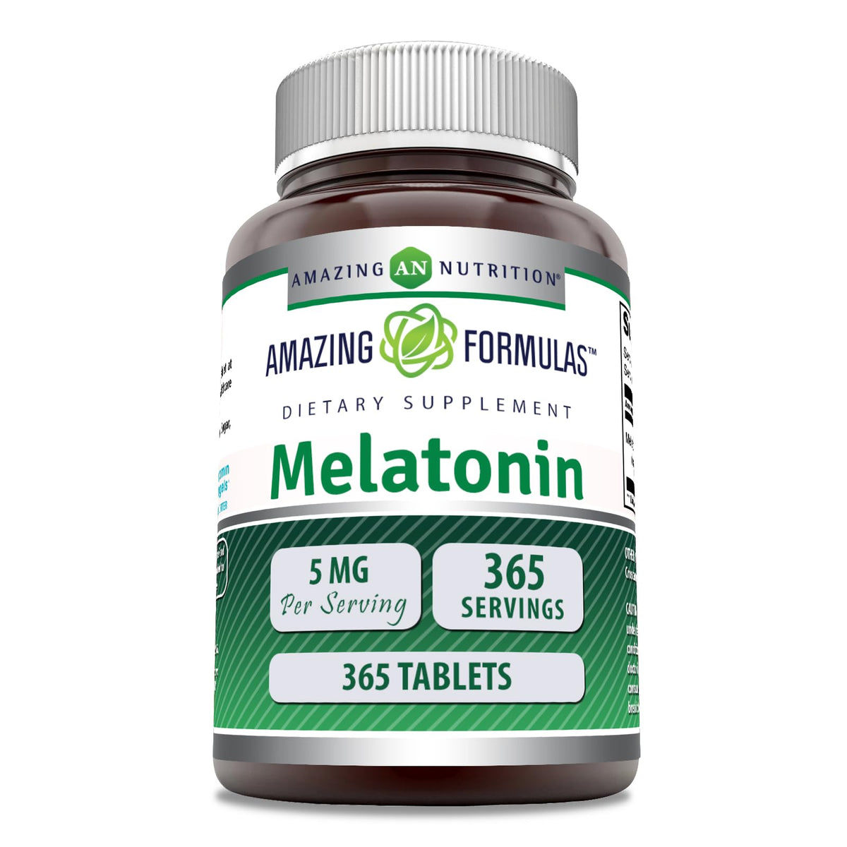 Amazing Nutrition Melatonina 5 mg, frente de botella, favorece un descanso cómodo.