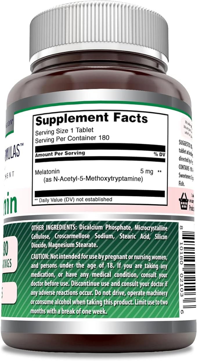 Etiqueta clara de Amazing Nutrition Melatonina, detalle de dosis para la rutina nocturna