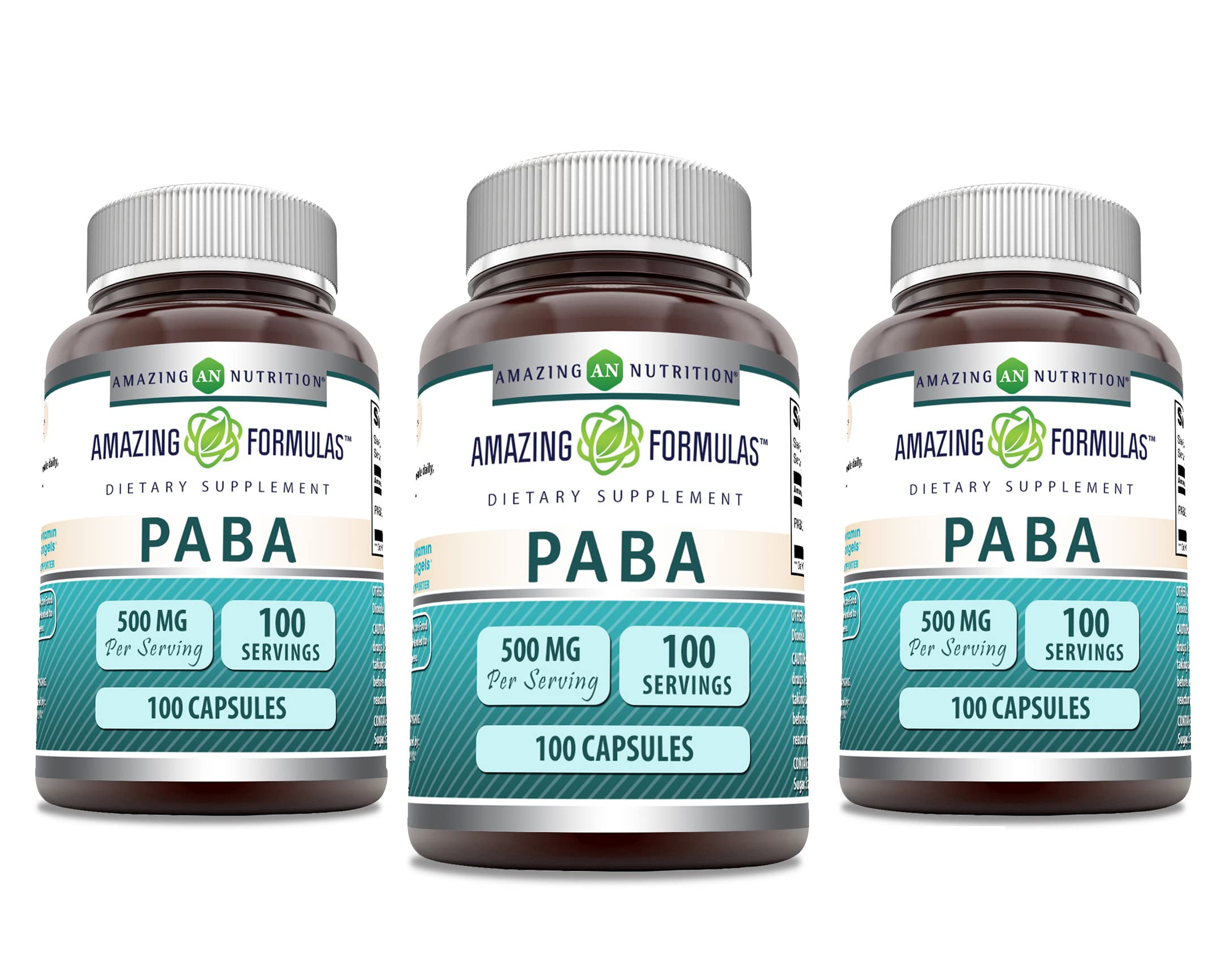 Amazing Nutrition PABA, cápsulas 500 mg, empaque compacto para uso diario y salud general.