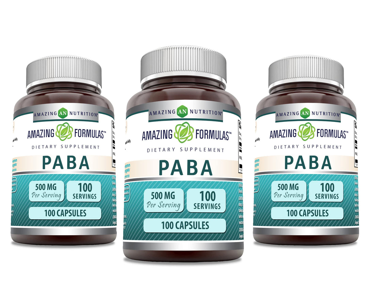 Amazing Nutrition PABA, cápsulas 500 mg, empaque compacto para uso diario y salud general.