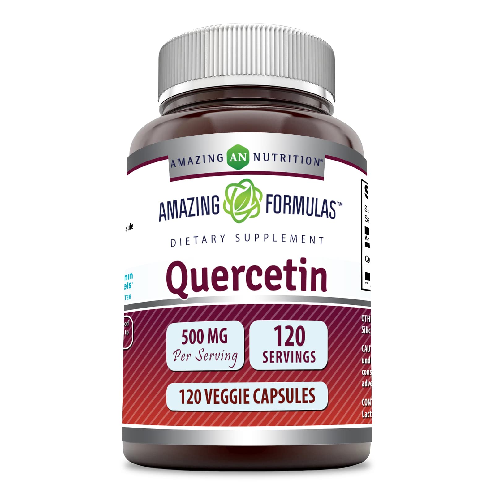 Amazing Nutrition Quercetina 500 mg, botella, apoyo antioxidante para la salud diaria.