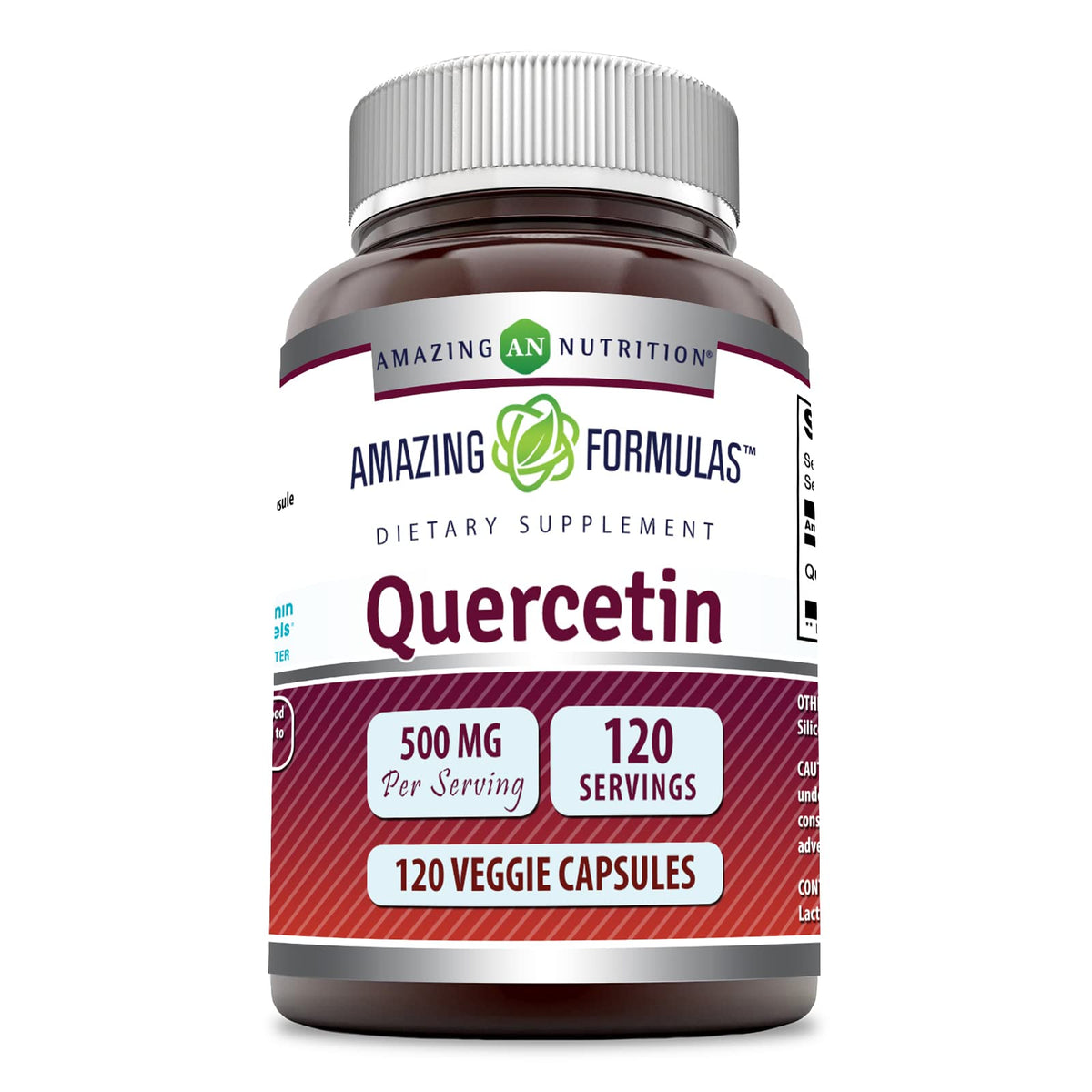 Amazing Nutrition Quercetina 500 mg, botella, apoyo antioxidante para la salud diaria.