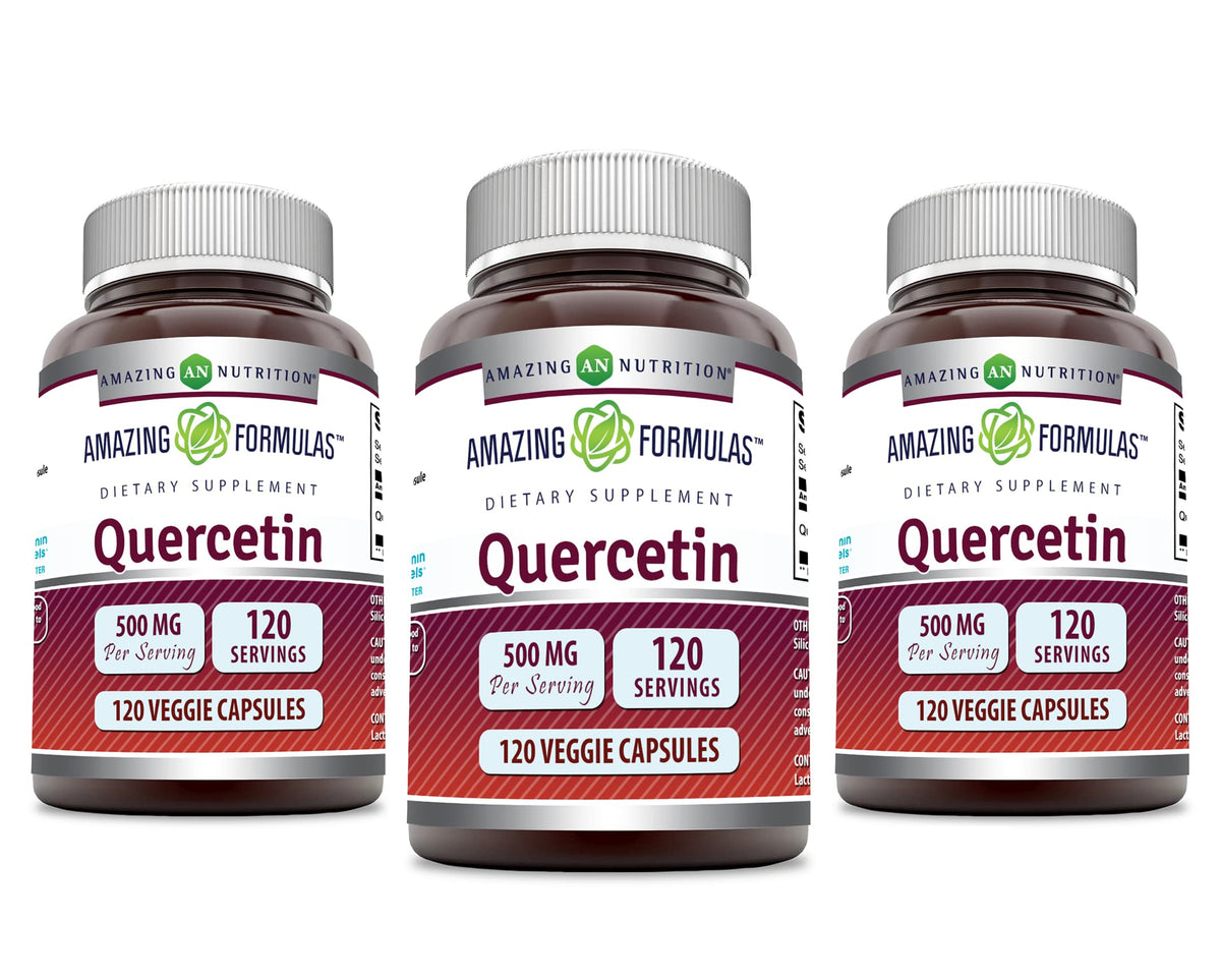 Amazing Nutrition quercetina 500 mg cápsulas vegetales, envase seguro para uso diario.