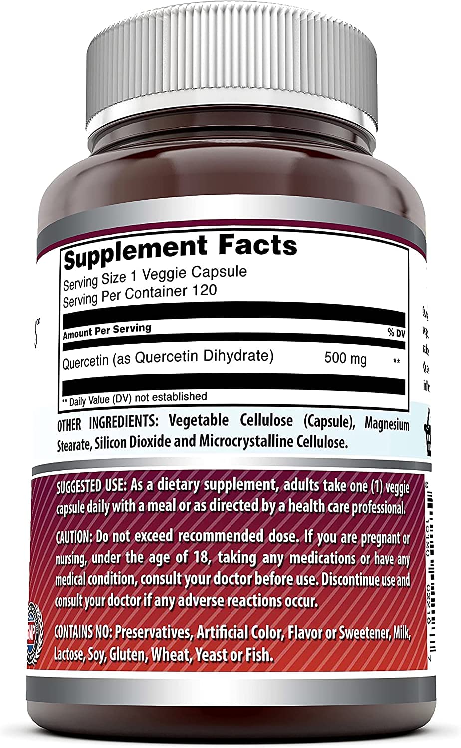 Amazing Nutrition quercetina 500 mg cápsulas vegetales, etiqueta frontal clara para fácil identificación.