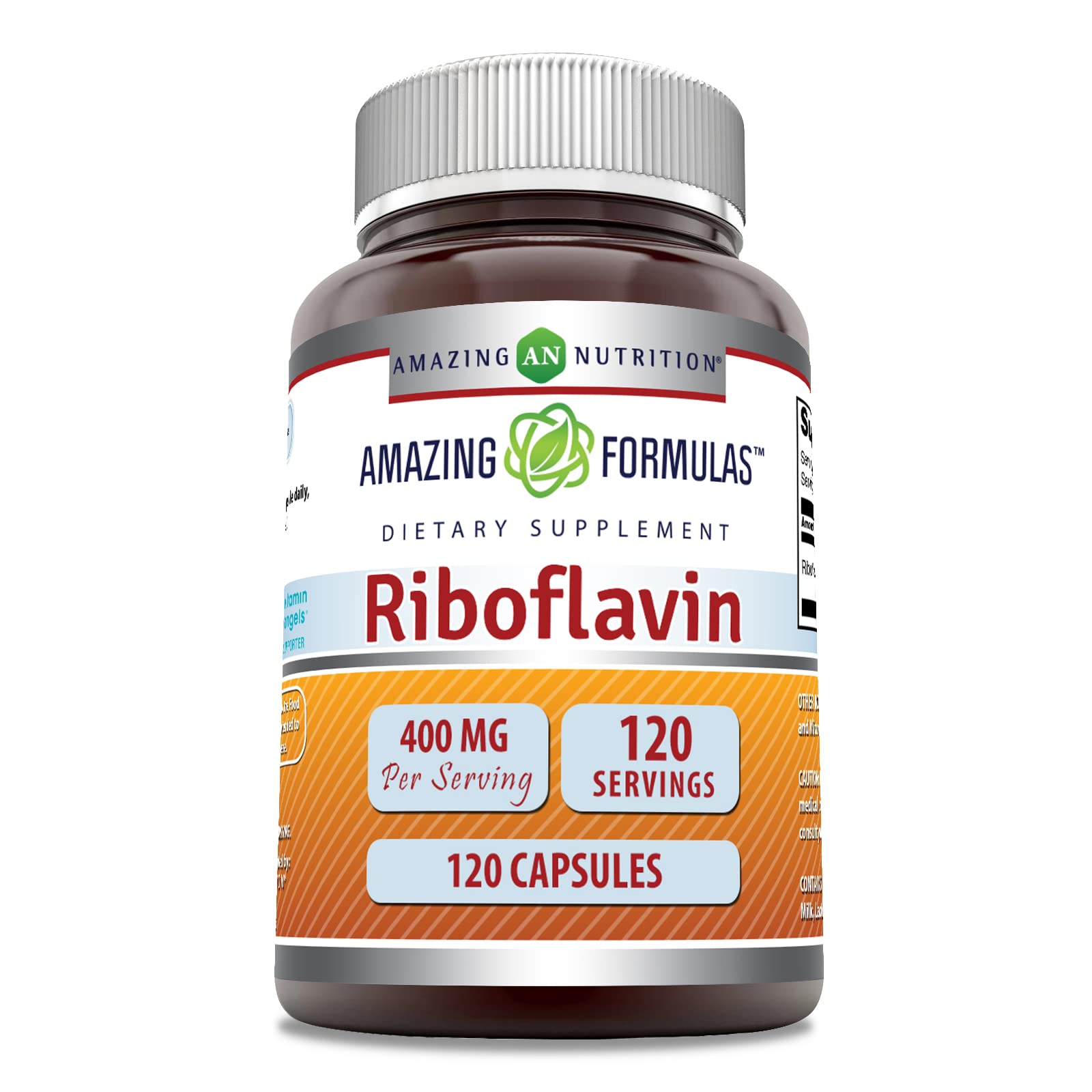 Cápsula riboflavina 400 mg de Amazing Nutrition en botella para apoyo al metabolismo.