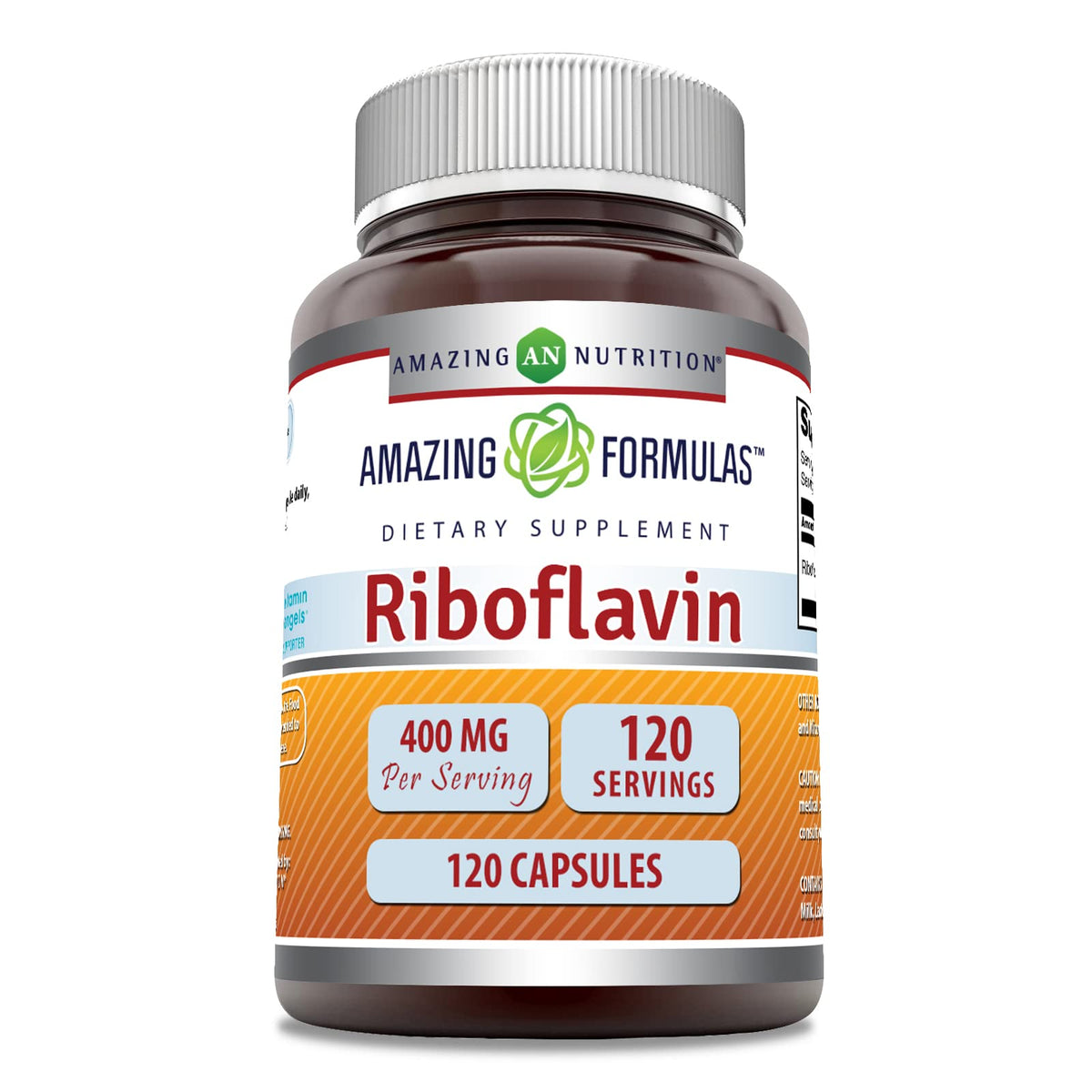 Cápsula riboflavina 400 mg de Amazing Nutrition en botella para apoyo al metabolismo.