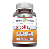 Cápsula riboflavina 400 mg de Amazing Nutrition en botella para apoyo al metabolismo.