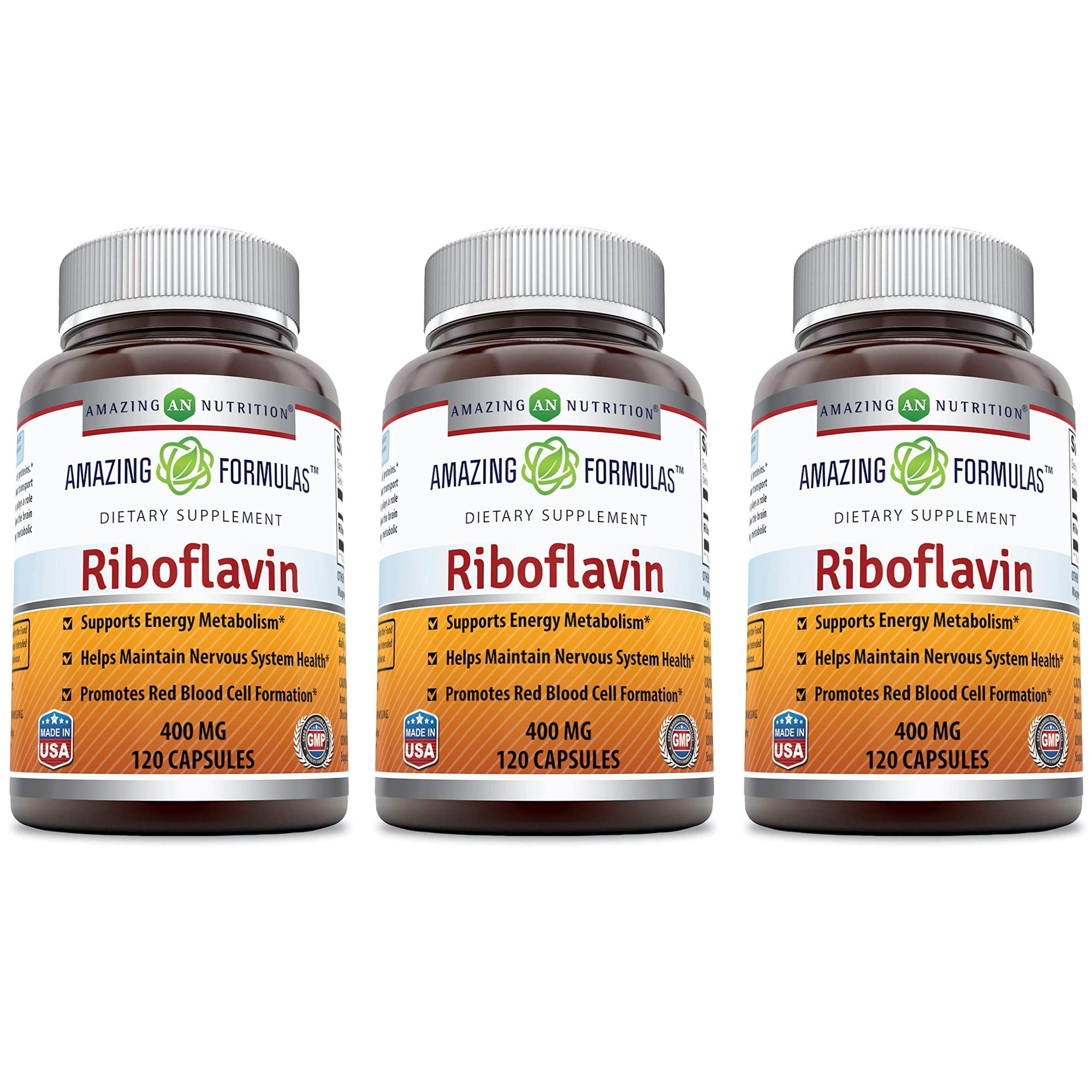 Amazing Nutrition Riboflavina 400 mg cápsulas en frasco, apoyo diario de energía.