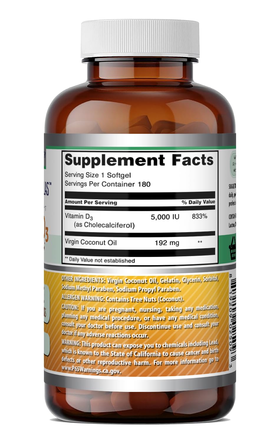 Amazing Nutrition softgels D3 de 5000 UI, formato conveniente para cada día.