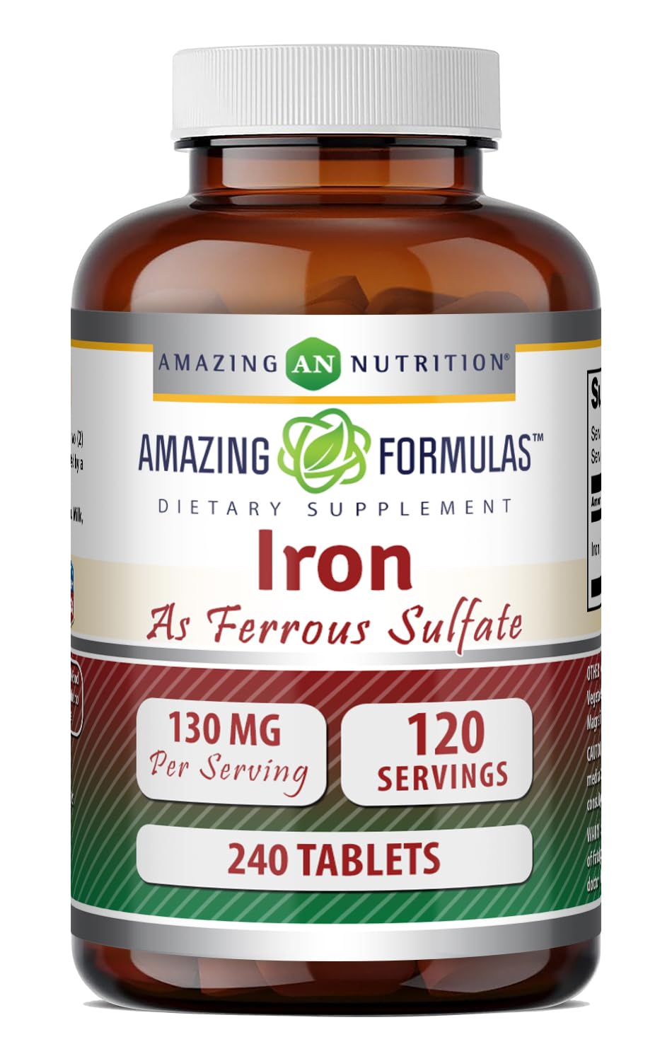 Amazing Nutrition sulfato ferroso tabletas 130 mg, apoyo a la ingesta diaria de hierro