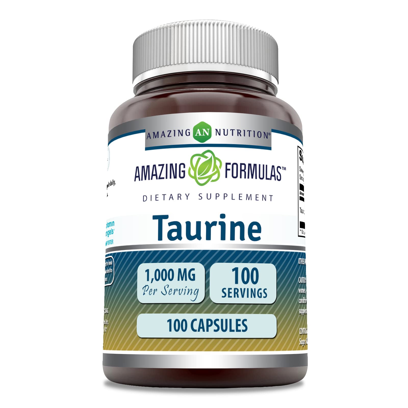 Amazing Nutrition Taurina cápsulas 1000 mg, formato frontal para consumo diario.