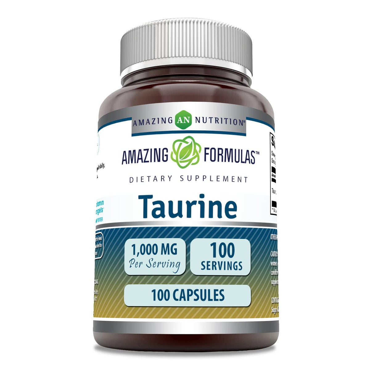 Amazing Nutrition Taurina cápsulas 1000 mg, formato frontal para consumo diario.