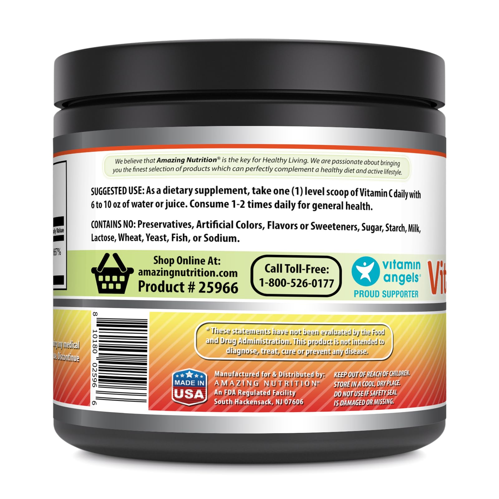 Amazing Nutrition Vitamina C polvo, envase producido en EE. UU., calidad garantizada.