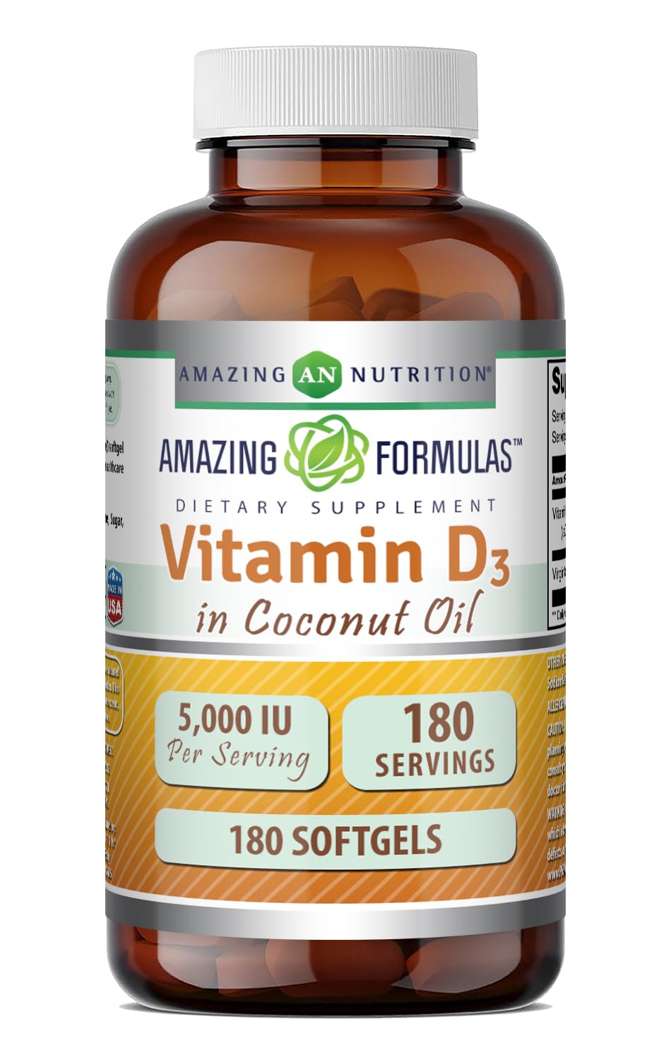 Amazing Nutrition Vitamina D3 con aceite de coco, posible mejora en la absorción al consumir con la comida.