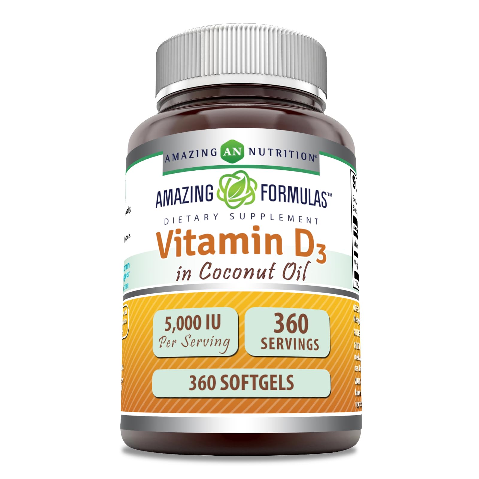 Amazing Nutrition Vitamina D3 en aceite de coco, botella lista para uso diario.