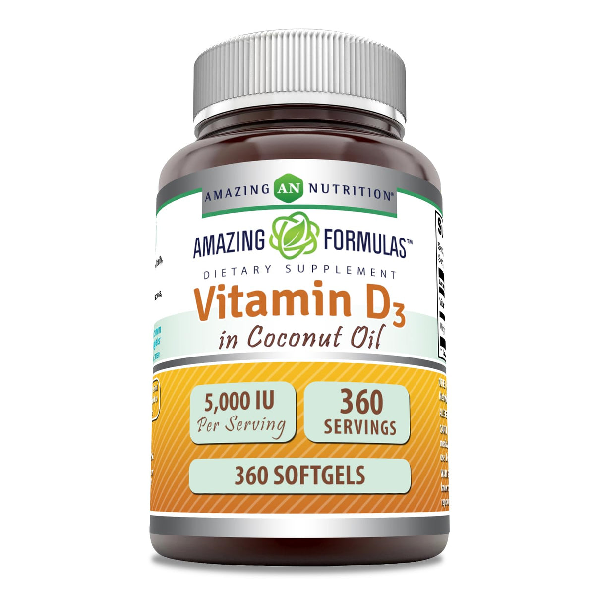 Amazing Nutrition Vitamina D3 en aceite de coco, botella lista para uso diario.