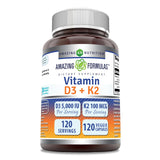 Amazing Nutrition Vitamina D3-K2 cápsulas 120, frasco ideal para la ingesta diaria.