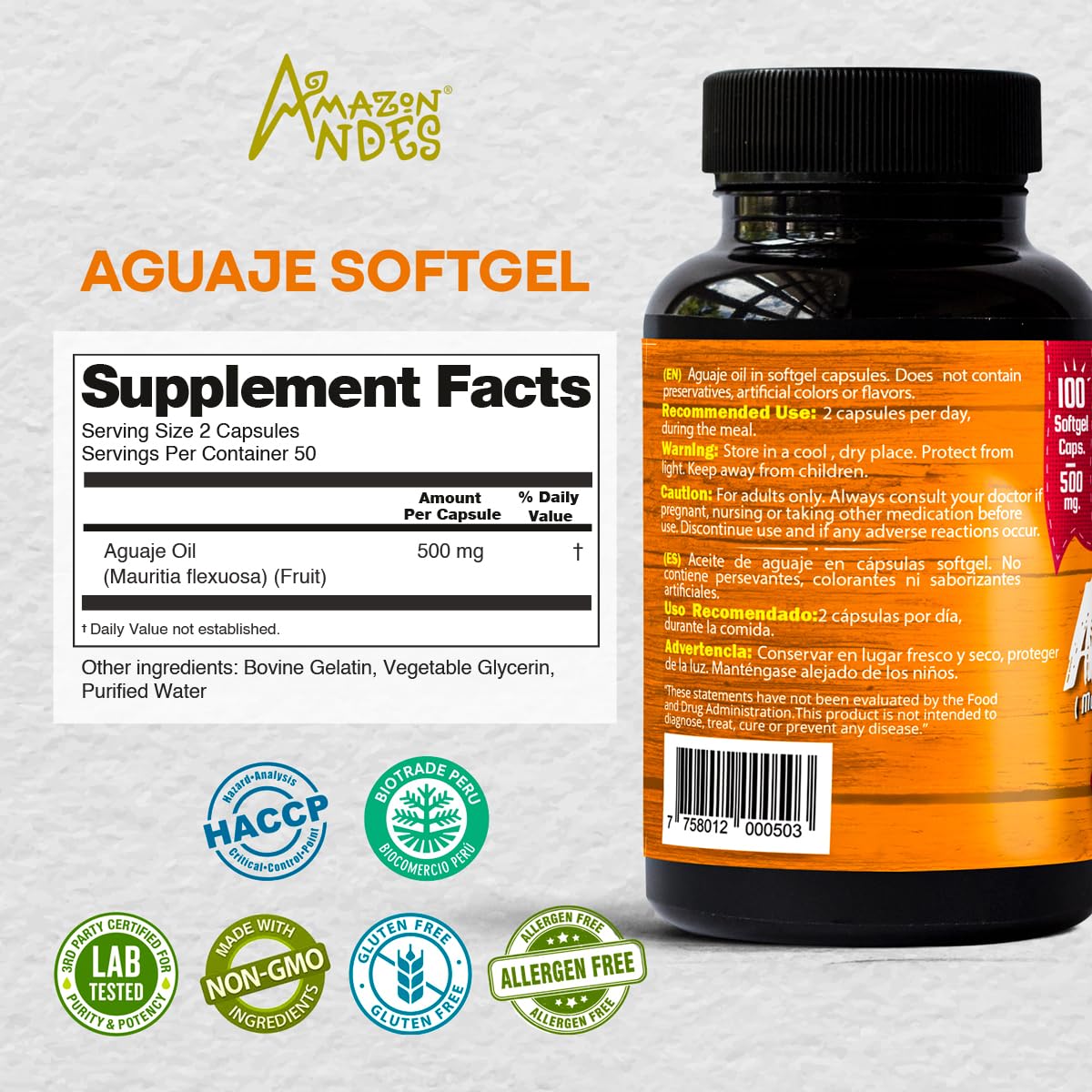 Amazon Andes Aguaje Aceite Cápsulas Blandas etiqueta, destacan certificaciones y origen peruano.