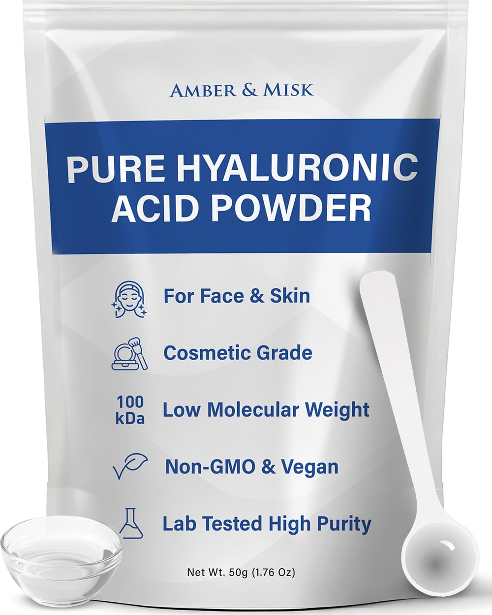 Amber & Misk polvo hialuronico para piel y rostro, hidratación profunda.