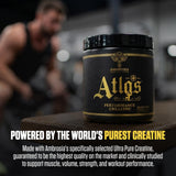 Ambrosia Atlas entrenamiento intenso con creatina de alta pureza para potencia.