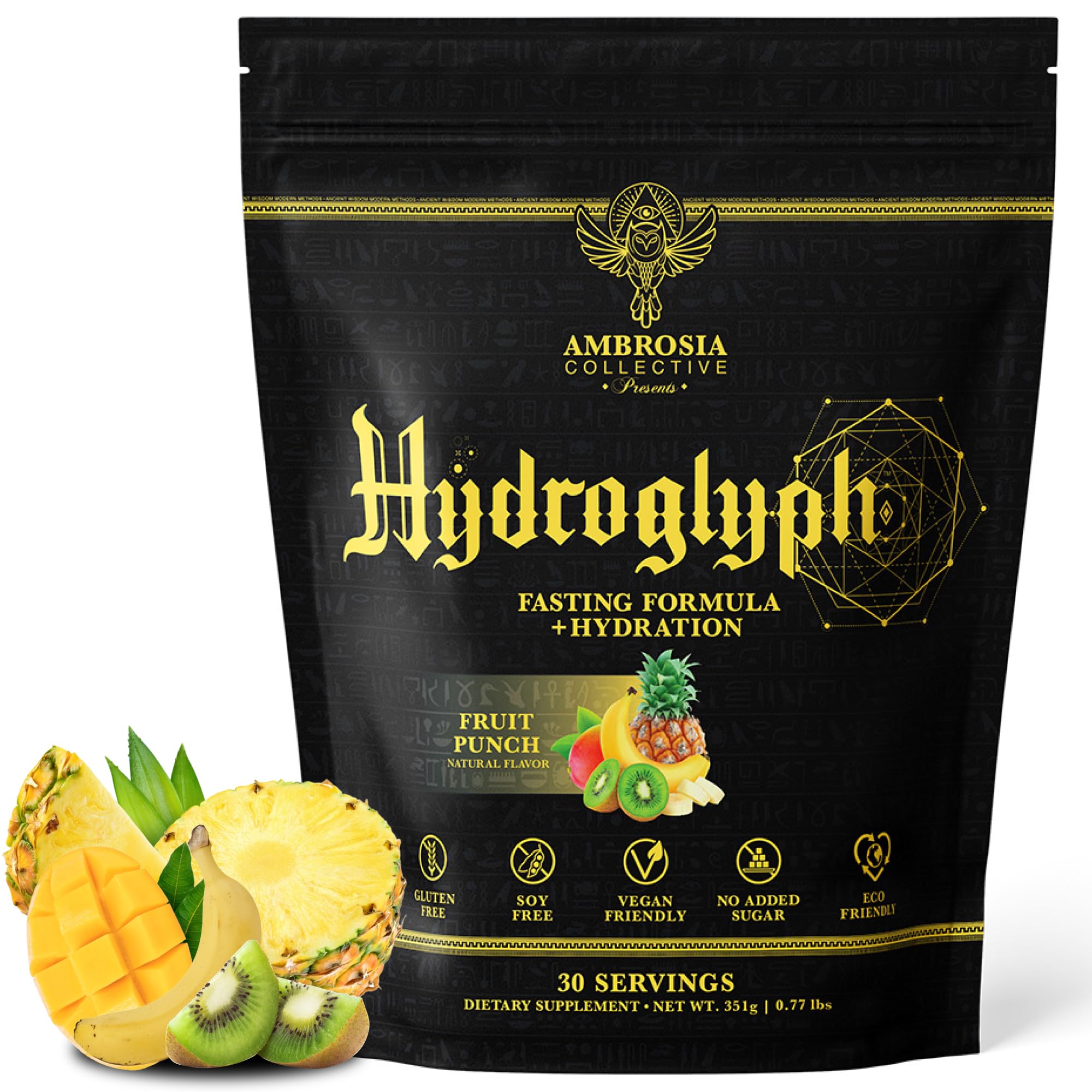 Ambrosia Hydroglyph envase y cuchara medidora para hidratación y soporte muscular
