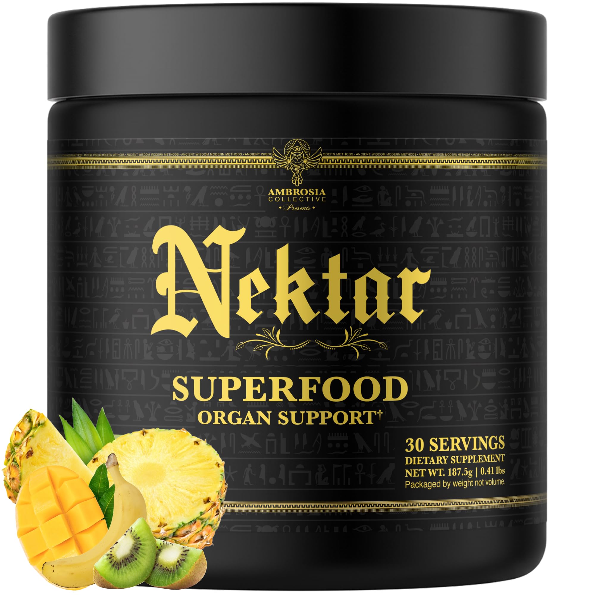 Ambrosia Nektar Powder, botella frontal, energía para comenzar el día.