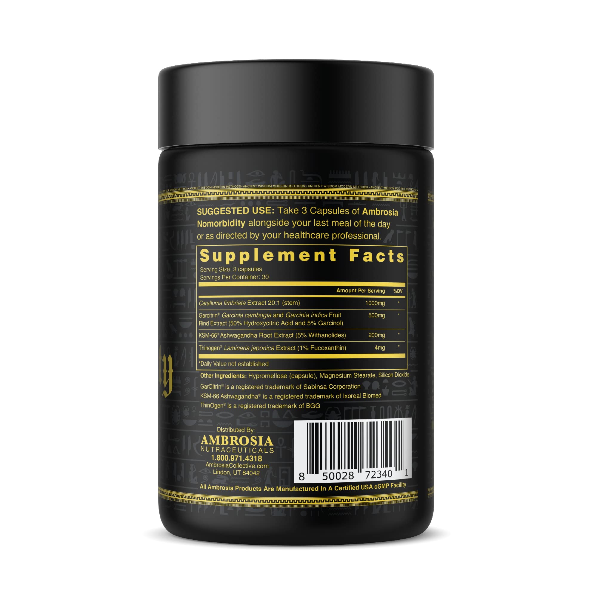 Ambrosia Nomorbidity: etiqueta de ingredientes, destaca Caralluma Fimbriata y KSM-66.