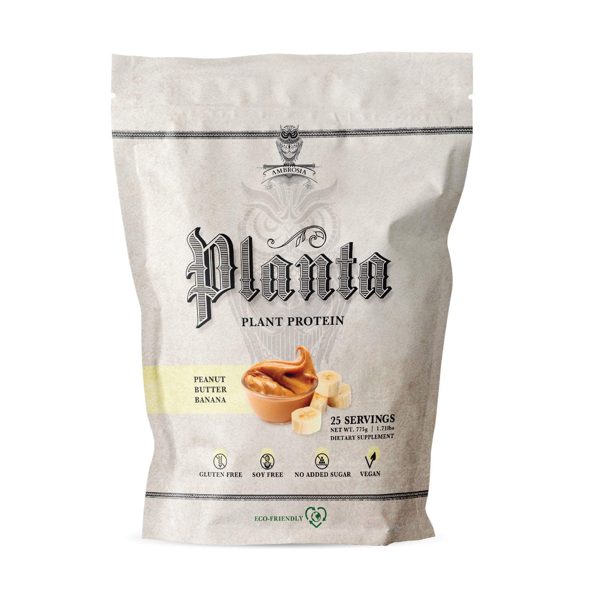Ambrosia Planta bote con etiqueta sabor mantequilla de maní con plátano para recuperación suave.