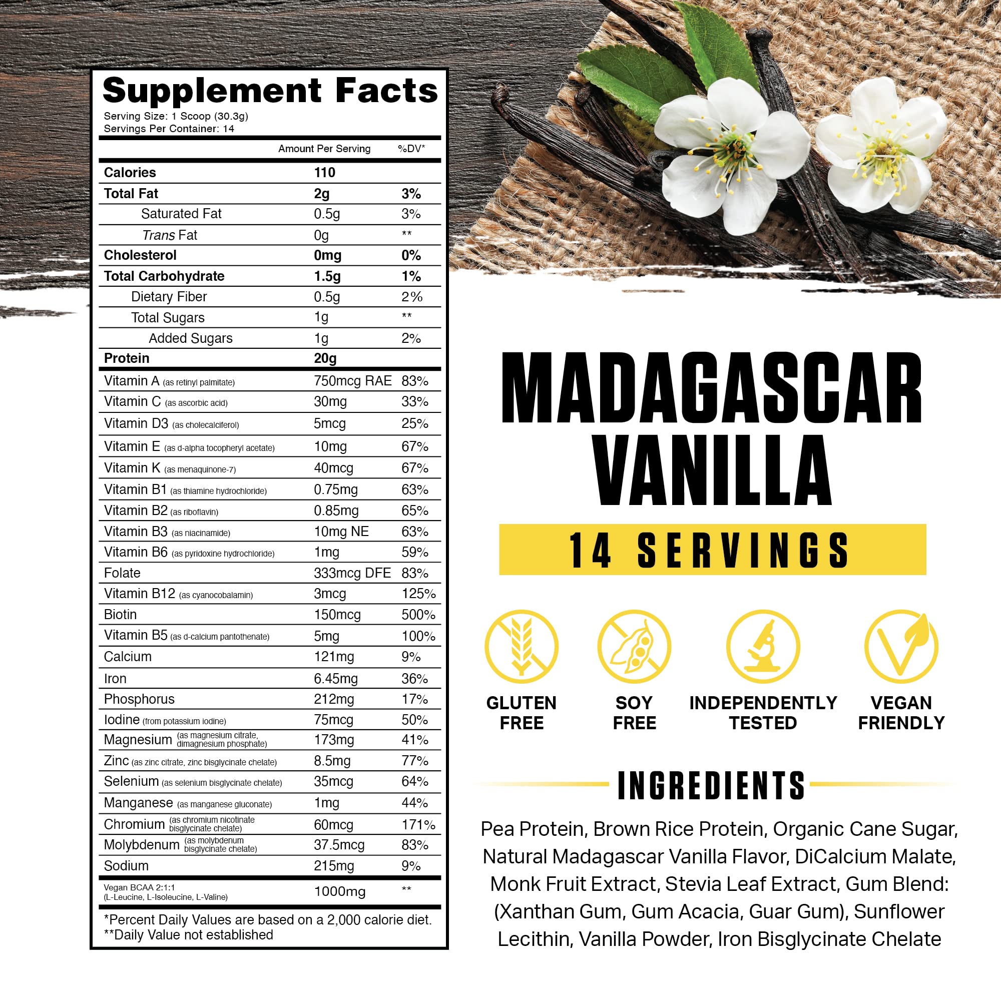 Ambrosia Planta proteína de arroz integral y guisante, opción vegana para dieta equilibrada.
