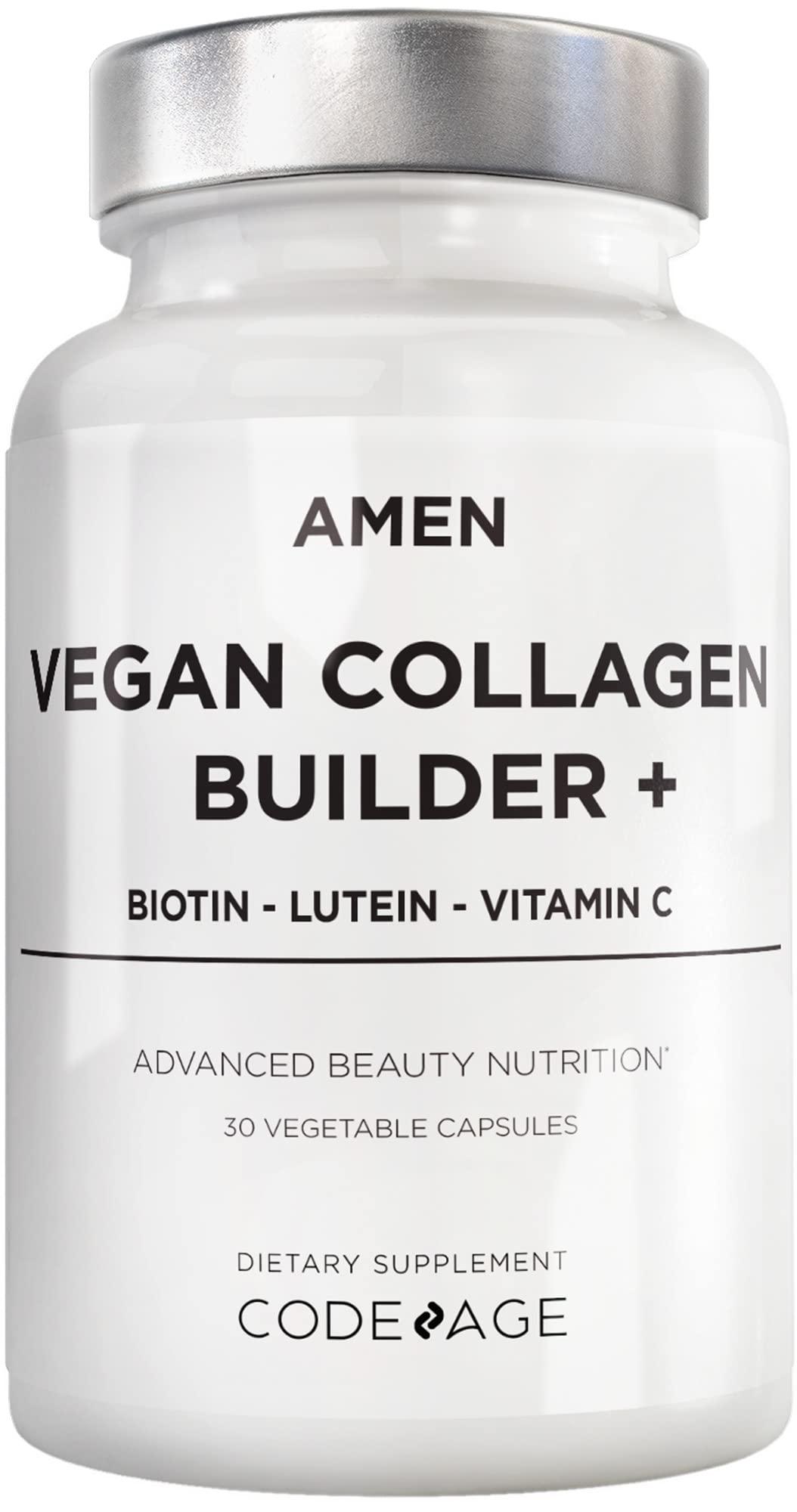 Amen colageno vegetal en botella, apoyo diario con ingredientes vegetales.