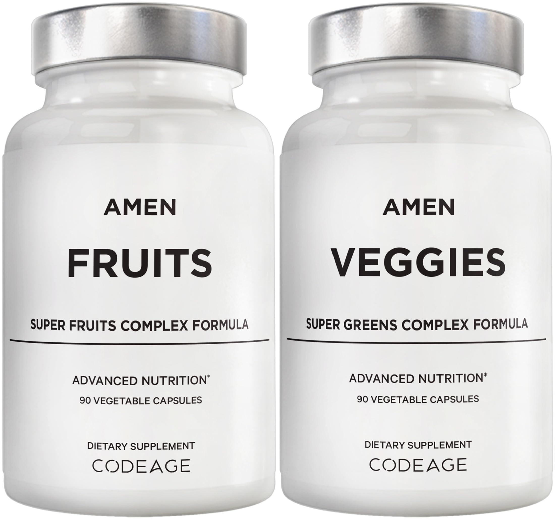 Amen Frutas + Verduras: botella que sugiere suplementación diaria conveniente.