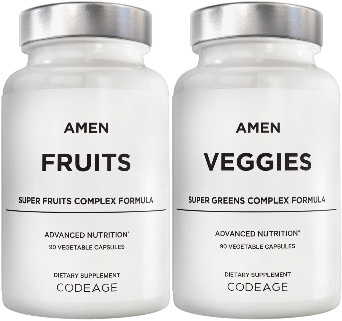 Amen Frutas + Verduras: botella que sugiere suplementación diaria conveniente.