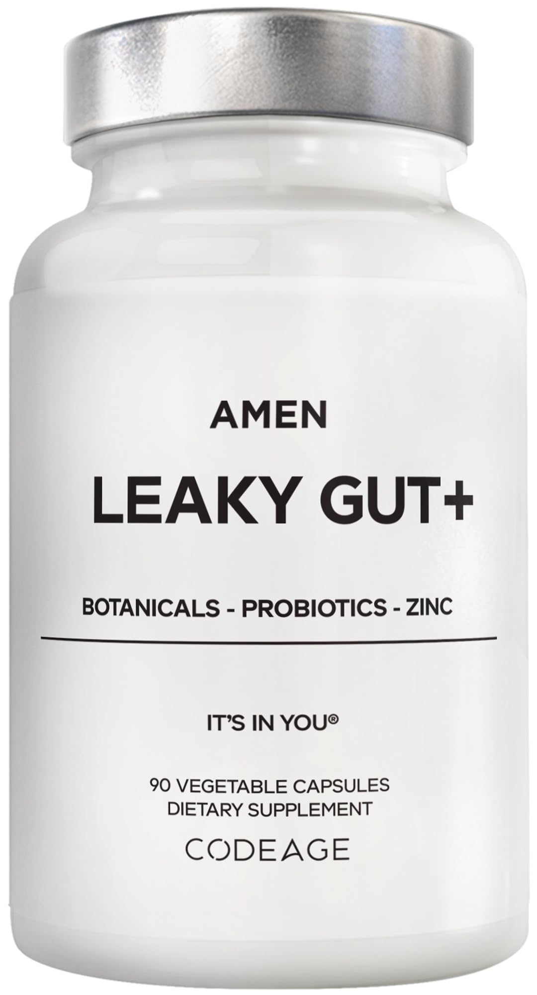 Amen Leaky Gut: cápsulas en la mano para apoyar la salud intestinal diaria.