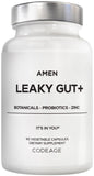 Amen Leaky Gut: cápsulas en la mano para apoyar la salud intestinal diaria.