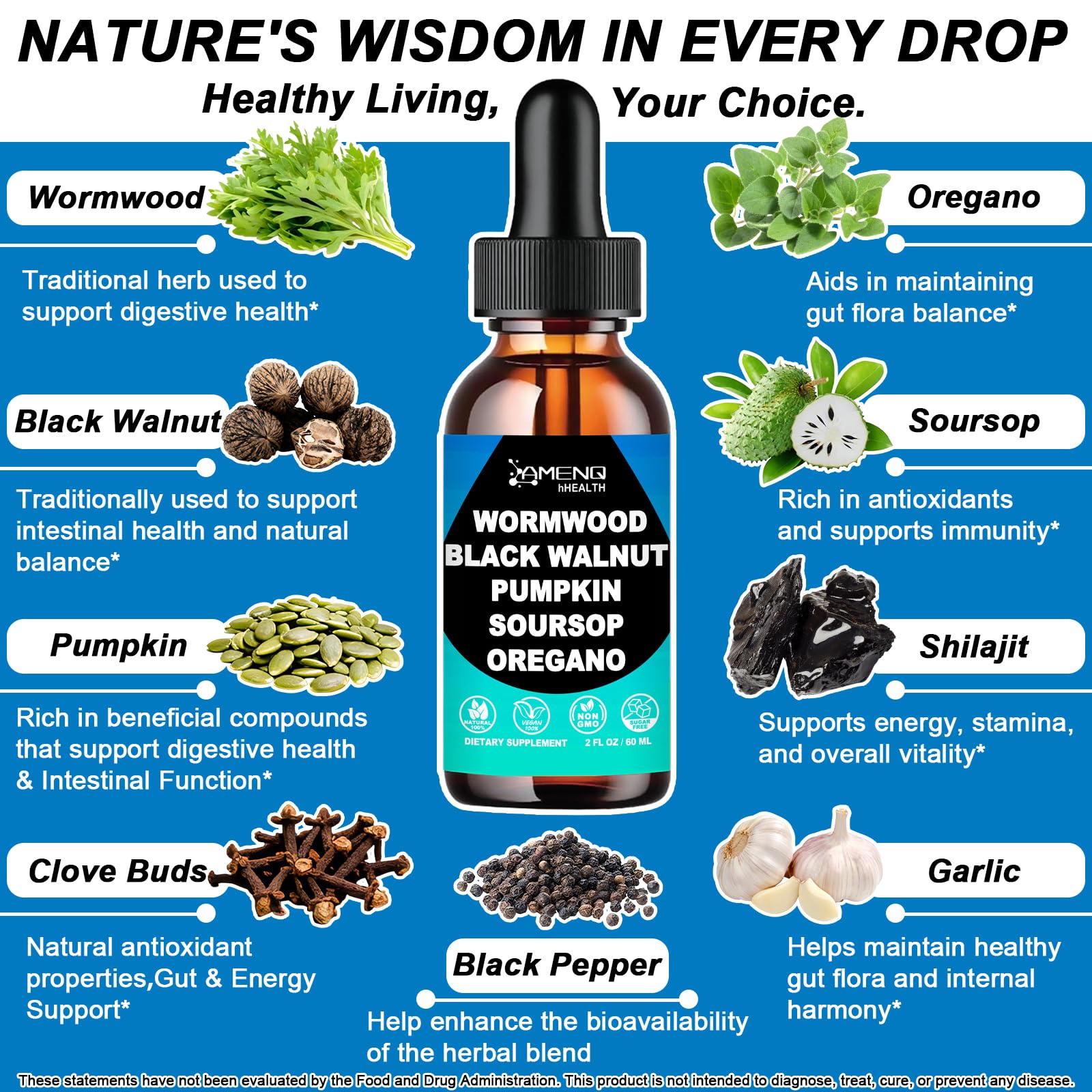 Etiqueta del producto AMENQ hHEALTH destaca ingredientes naturales para bienestar digestivo.