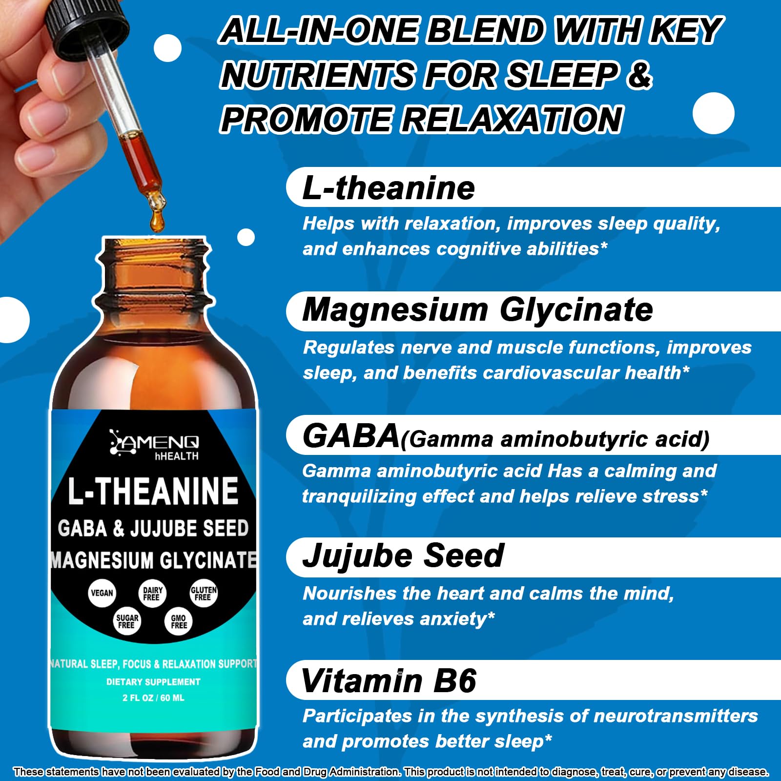 AMENQ hHEALTH L-Theanine líquido con gotero para dosis precisa.