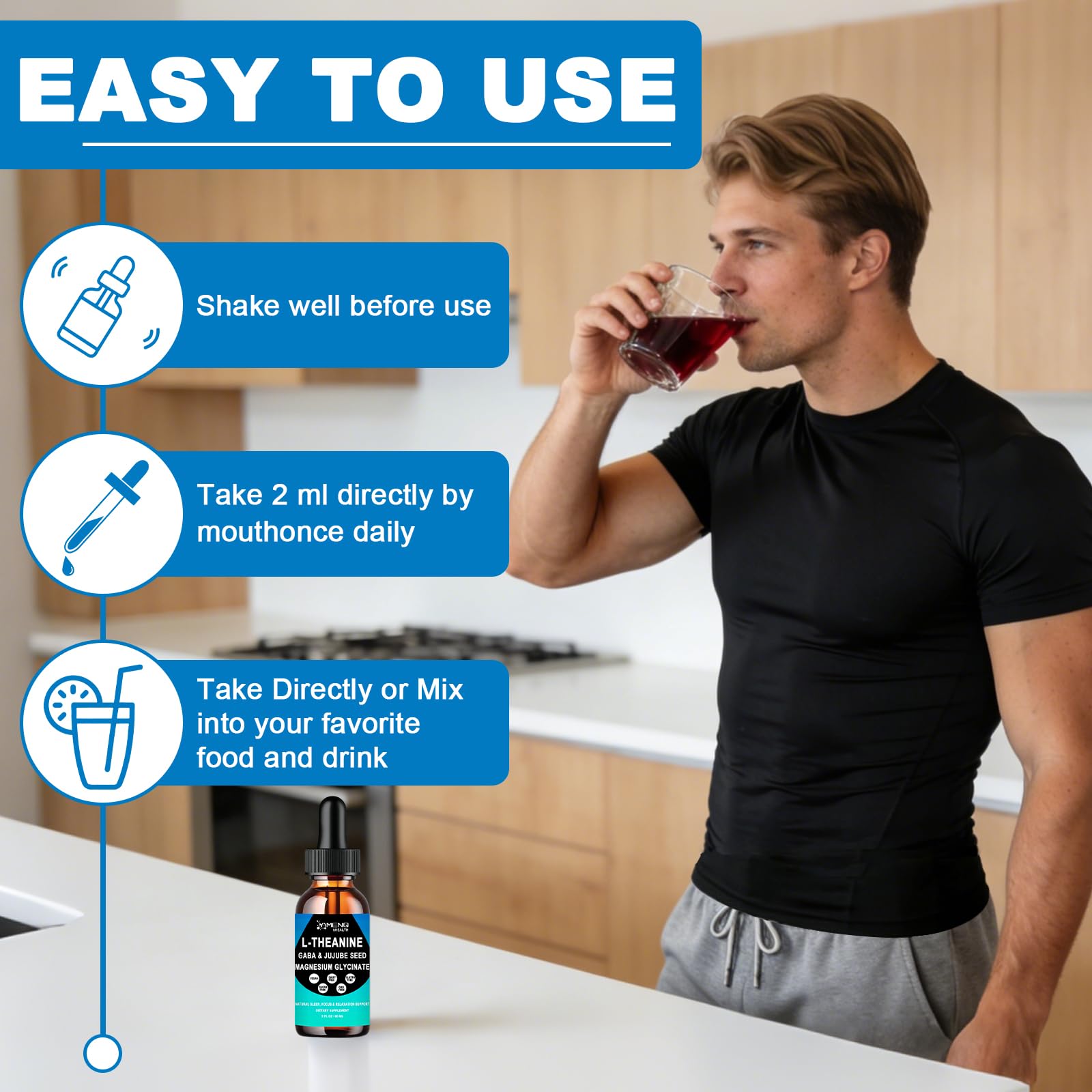 AMENQ hHEALTH L-Theanine sabor fresa, cómodo para beber diario.