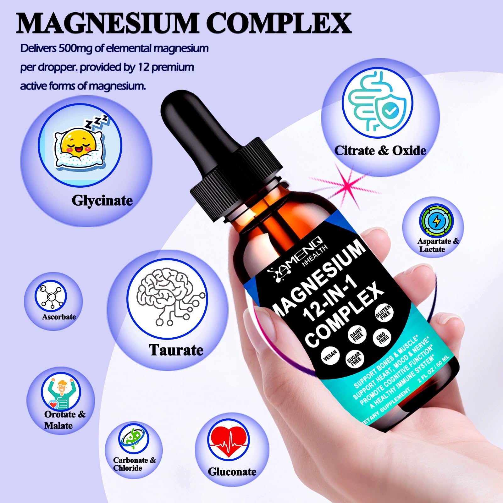 AMENQ hHEALTH Magnesium 12 en 1, dosis de 2 ml lista para tomar.