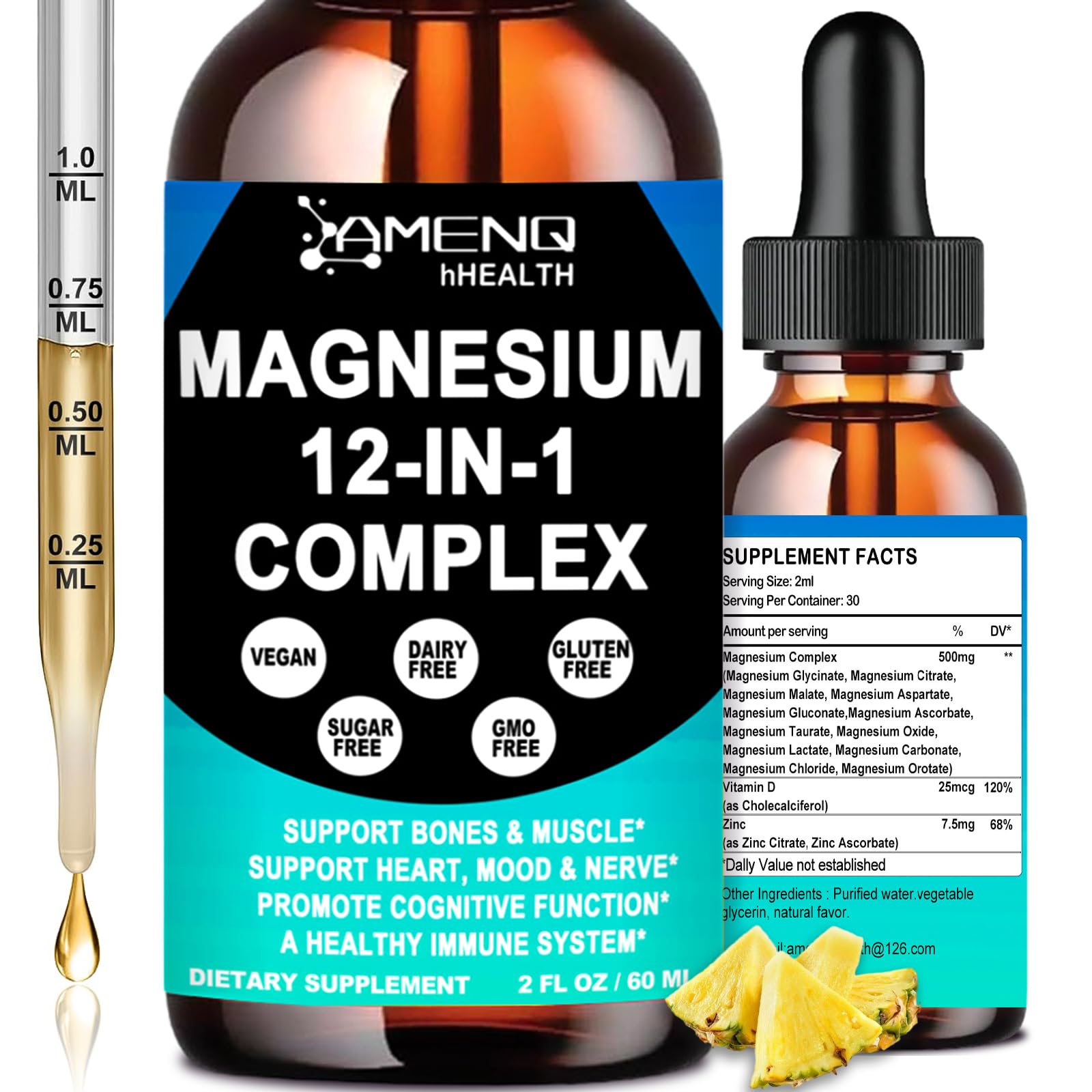 AMENQ hHEALTH Magnesium 12 en 1, frasco de gotas para apoyo diario.
