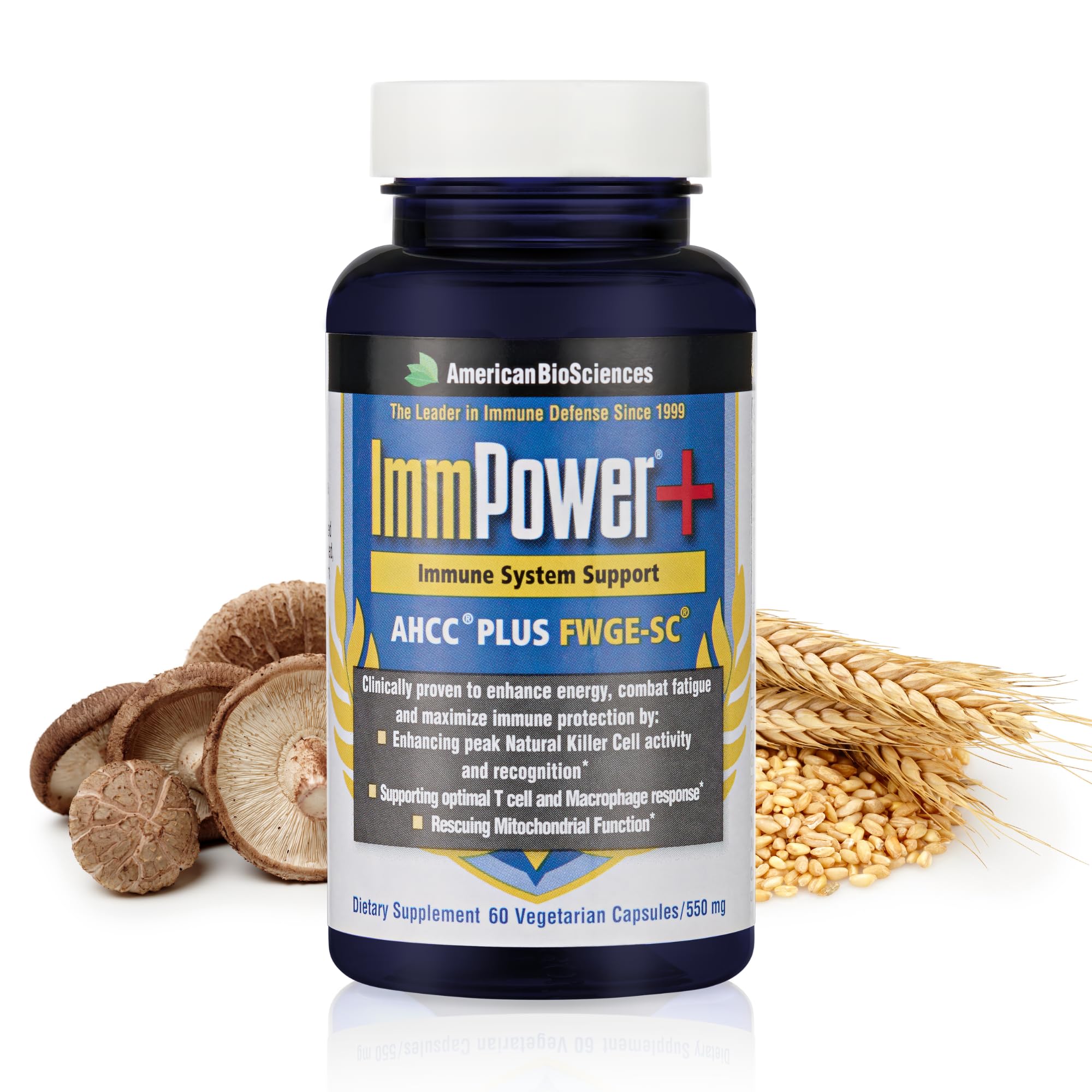 American BioSciences ImmPower Plus, botella frontal, posible apoyo al sistema inmune en la rutina diaria.