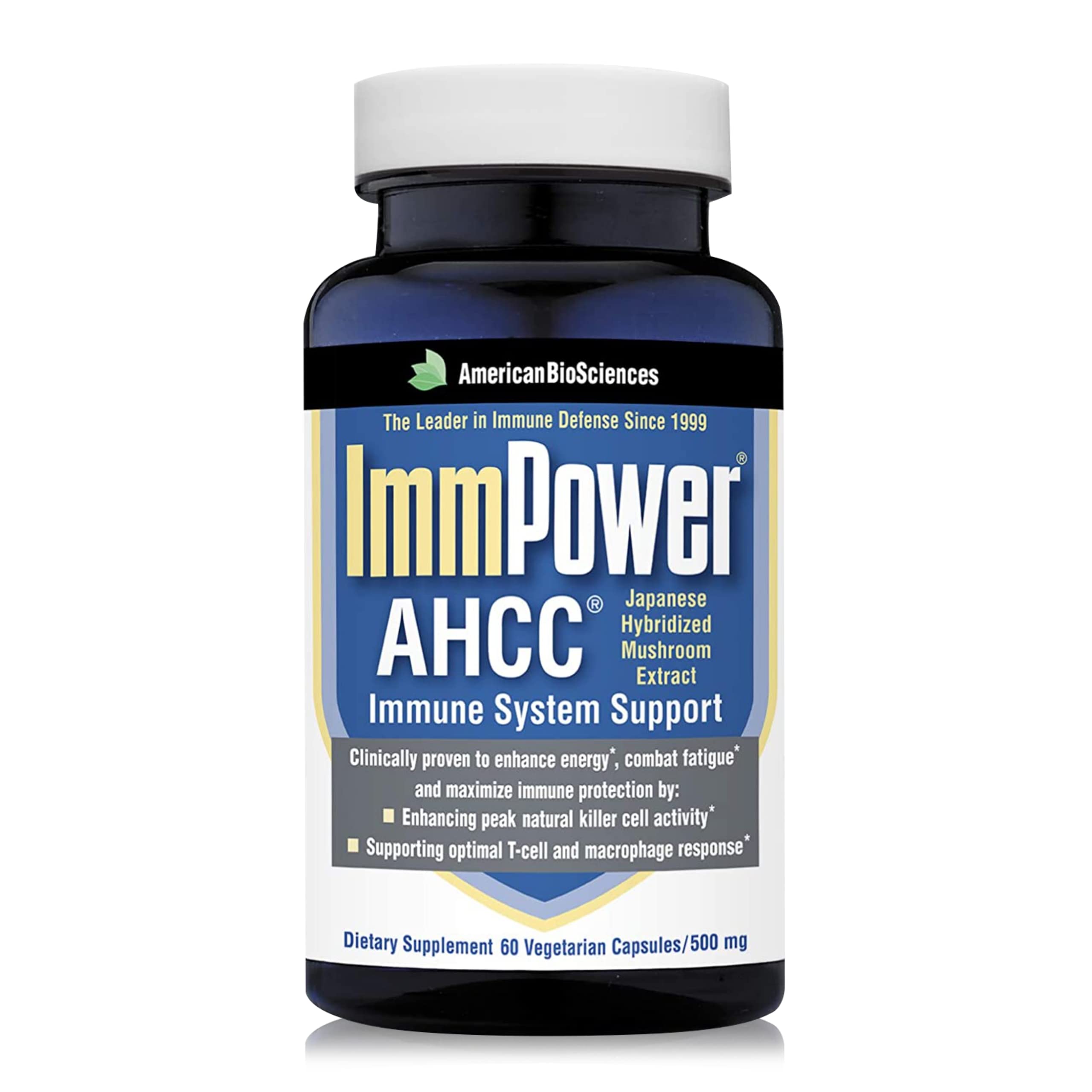 Botella American BioSciences ImmPower AHCC para apoyo inmunológico potencial.