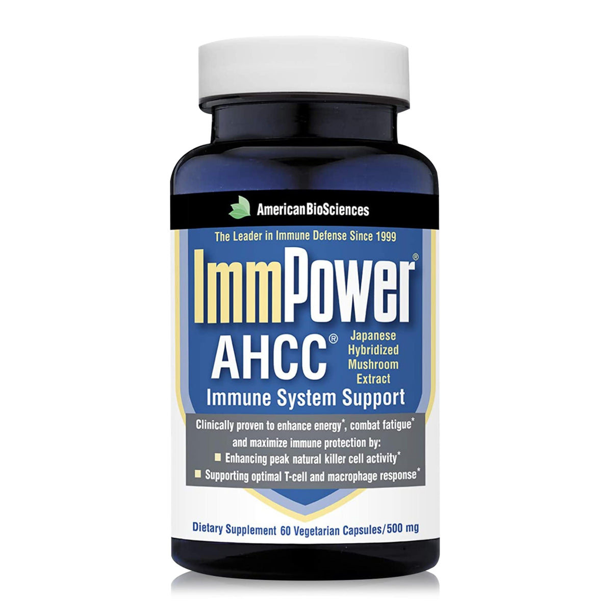 Botella American BioSciences ImmPower AHCC para apoyo inmunológico potencial.