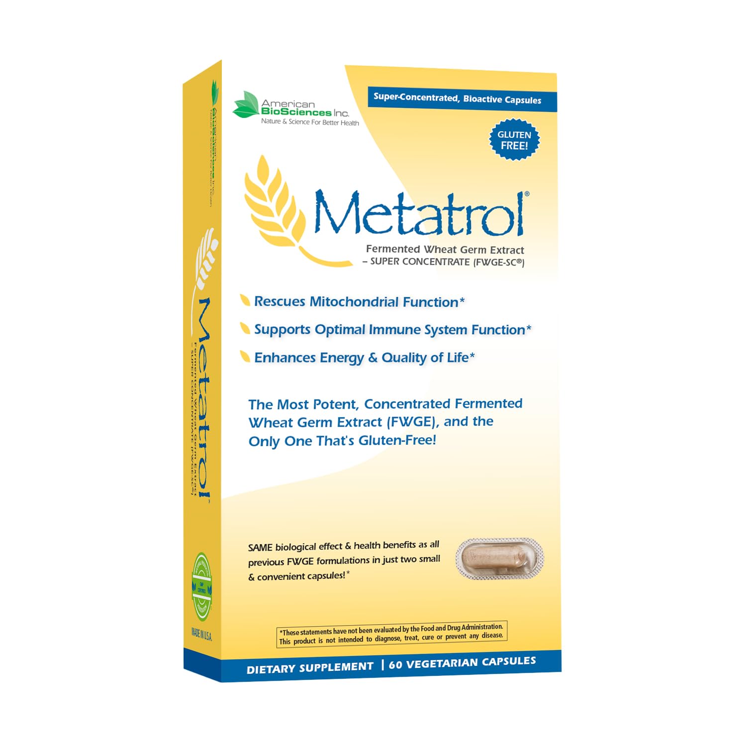 American BioSciences Metatrol, frasco frontal, apoyo al bienestar diario.