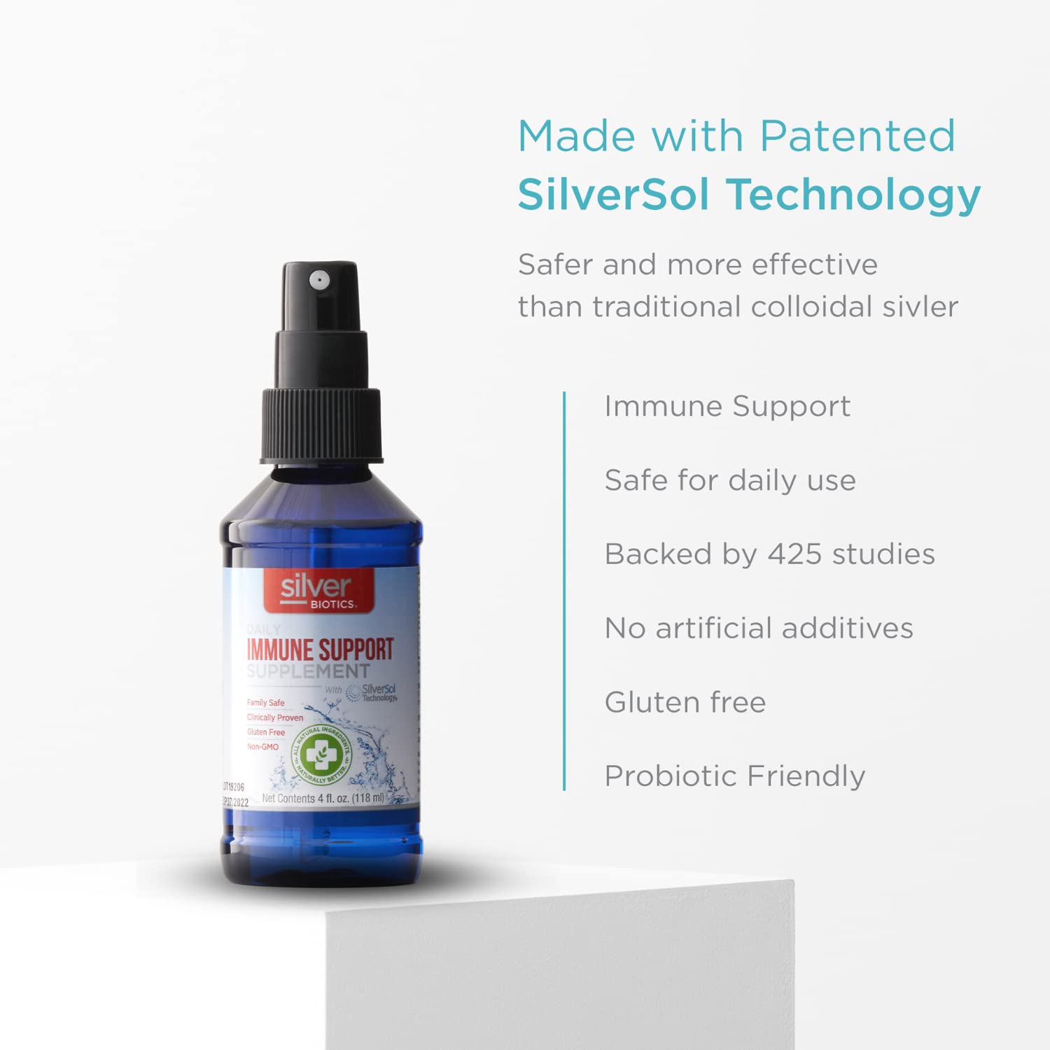 Detalle de la tecnología SilverSol en el envase Silver Biotics.