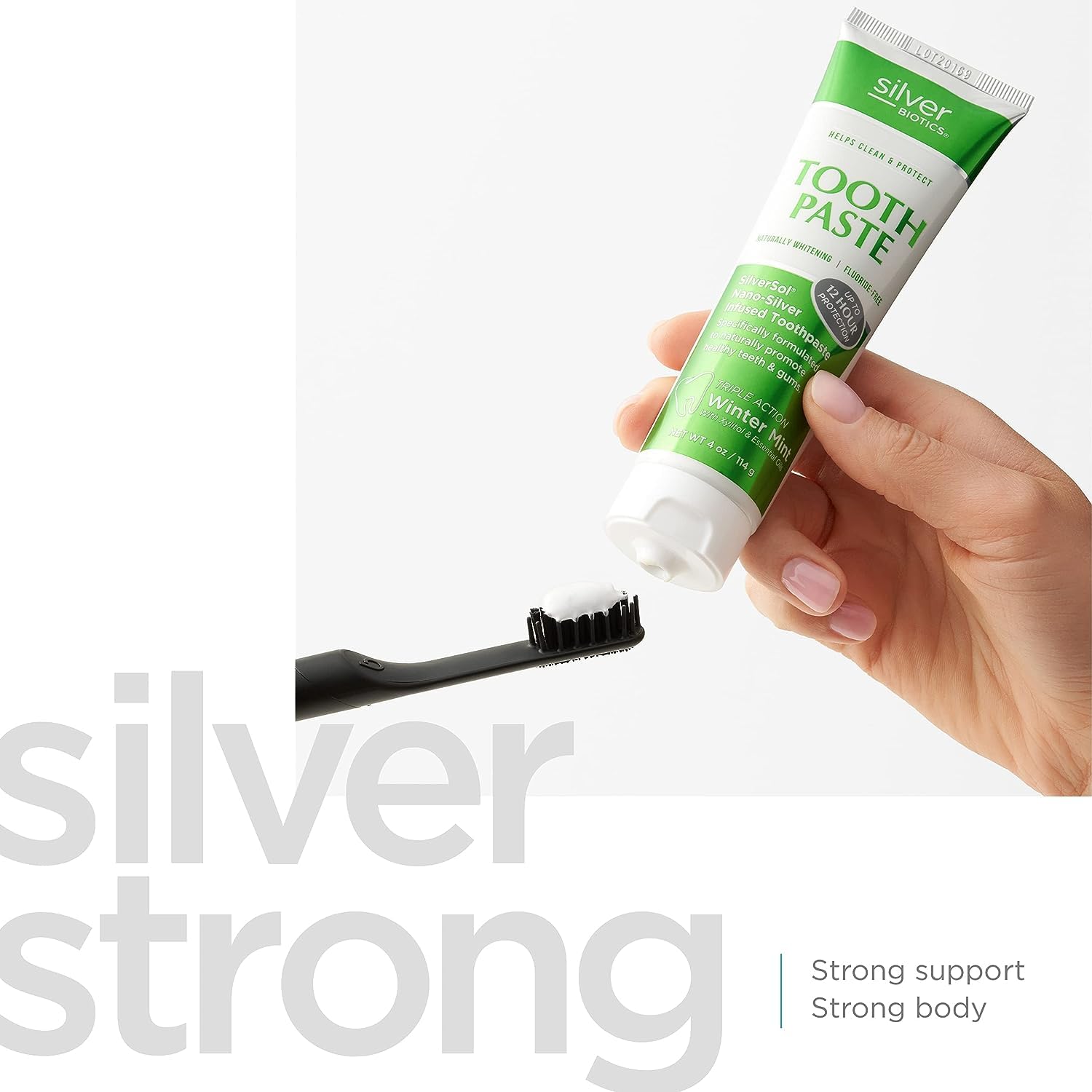Etiqueta de ingredientes Silver Biotics con SilverSol y calcio de coral