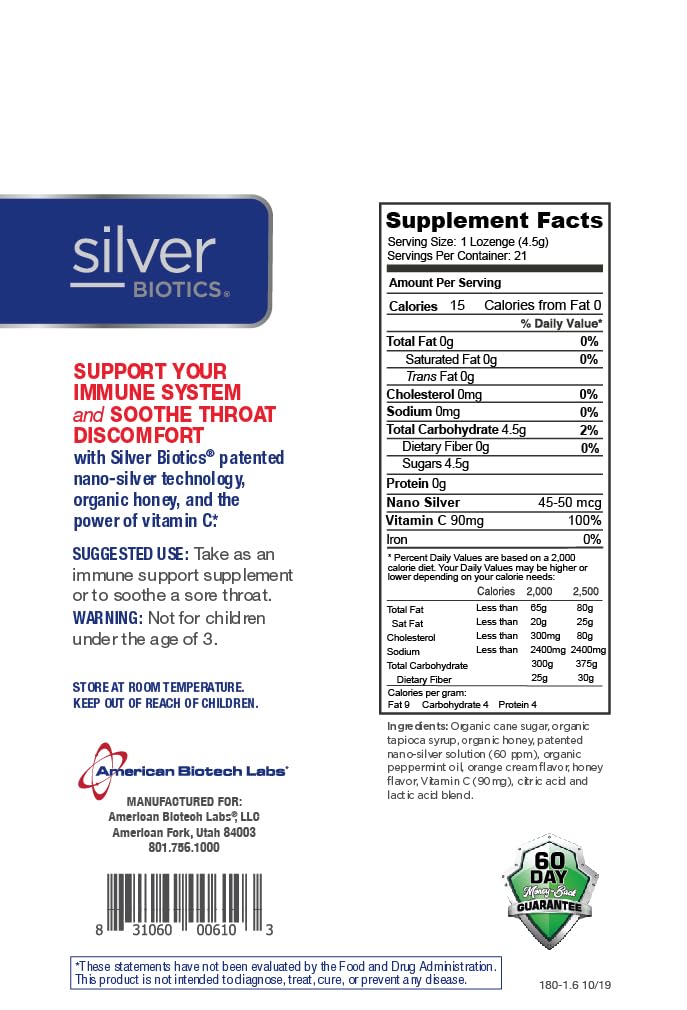 Etiqueta frontal de American Biotech Labs Silver Biotics, diseño claro para ver dosis.
