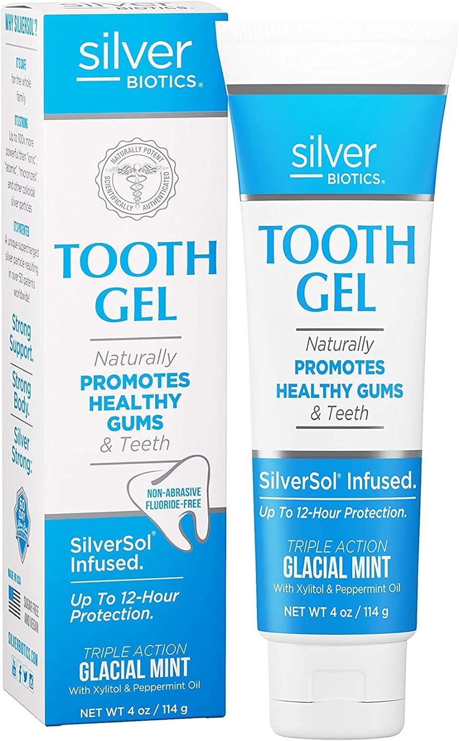 Gel dental SilverBiotics de American Biotech Labs, envase de 118 ml, aroma mentolado refrescante.