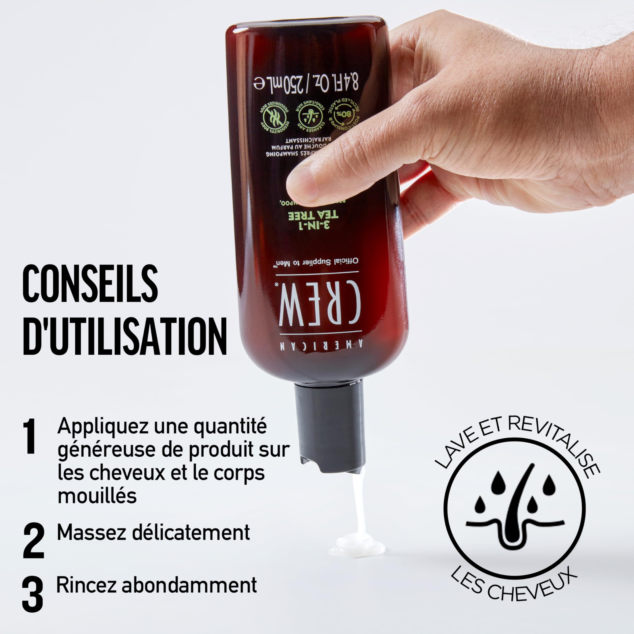 AMERICAN CREW 3‑IN‑1 Tea Tree: aroma vigorizante que perdura.