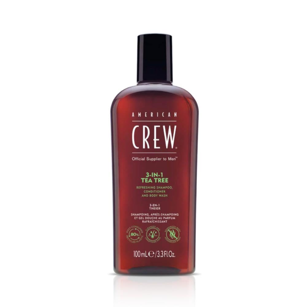 AMERICAN CREW 3‑IN‑1 Tea Tree: botella del producto para uso diario y aroma fresco.